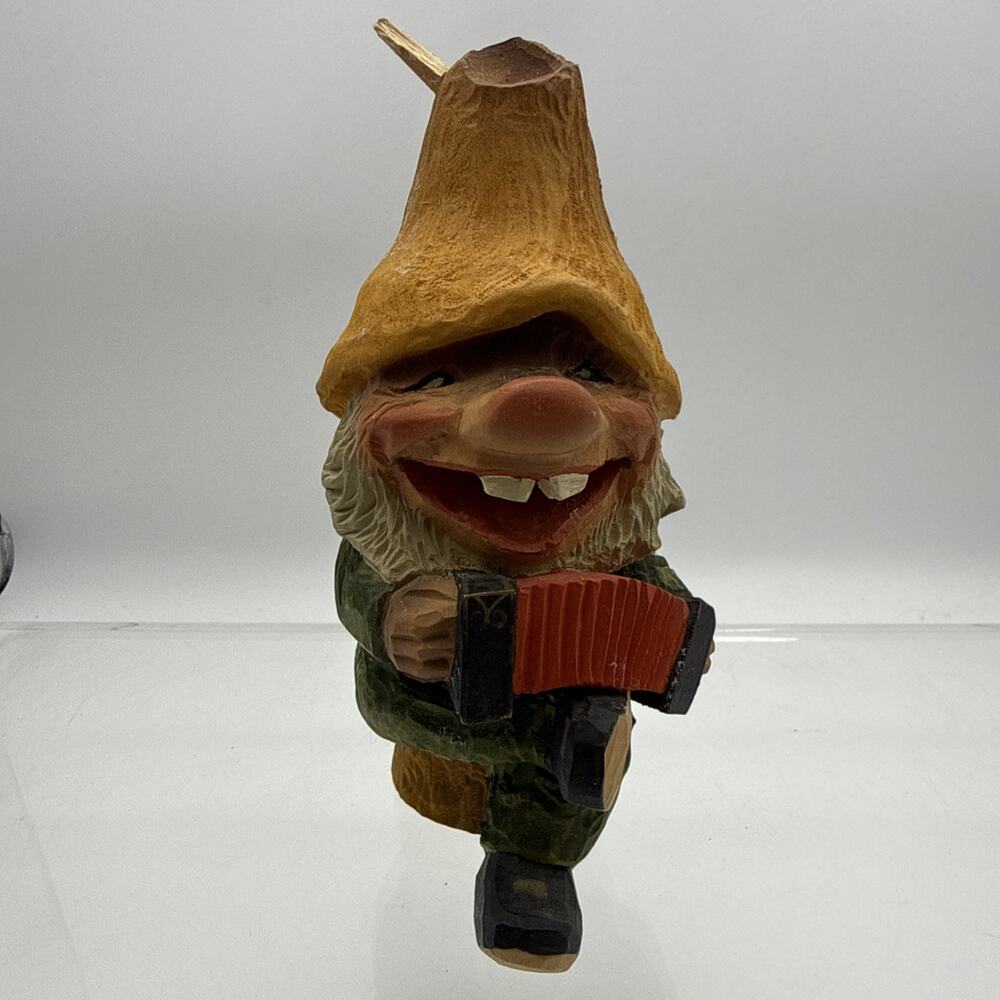 Henning Engelsen Carved Figurine TROLL GNOME on Stump w/ ACCORDIAN ~ Norway READ